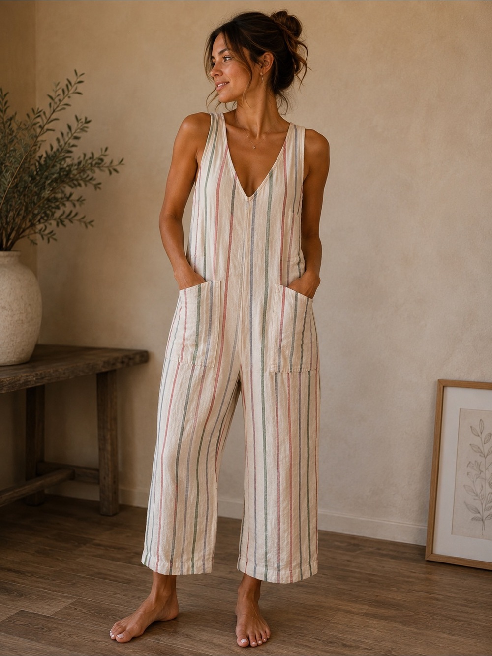 American Eagle Striped Linen Jumpsuit
